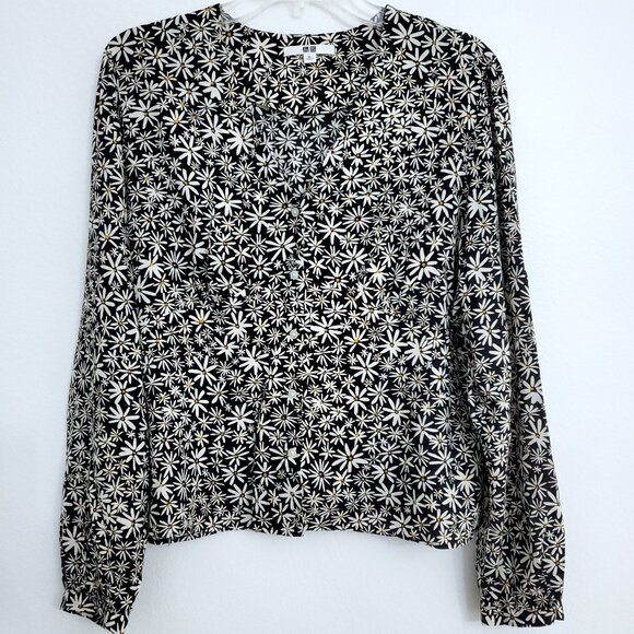 Uniqlo Women's Floral Daisy Printed V-Neck Long Sleeve Rayon Blouse Size X-Large - Picture 1 of 11
